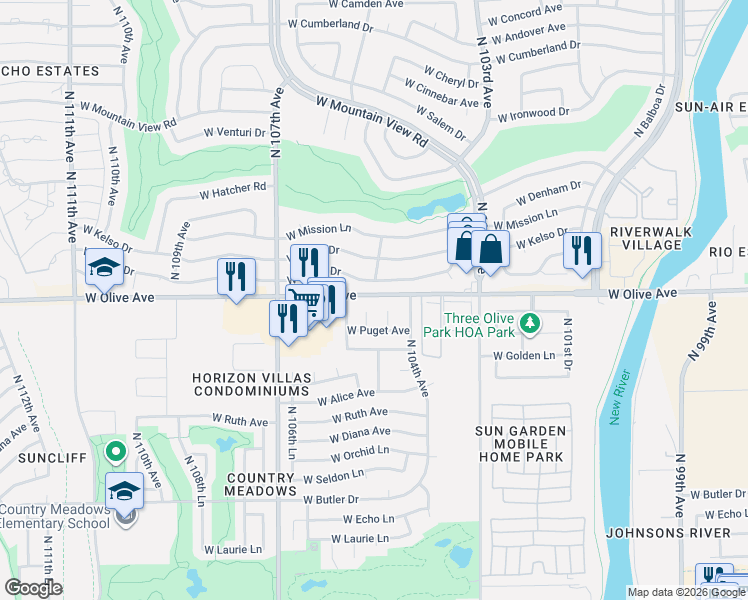 map of restaurants, bars, coffee shops, grocery stores, and more near 8930 North 104th Lane in Peoria