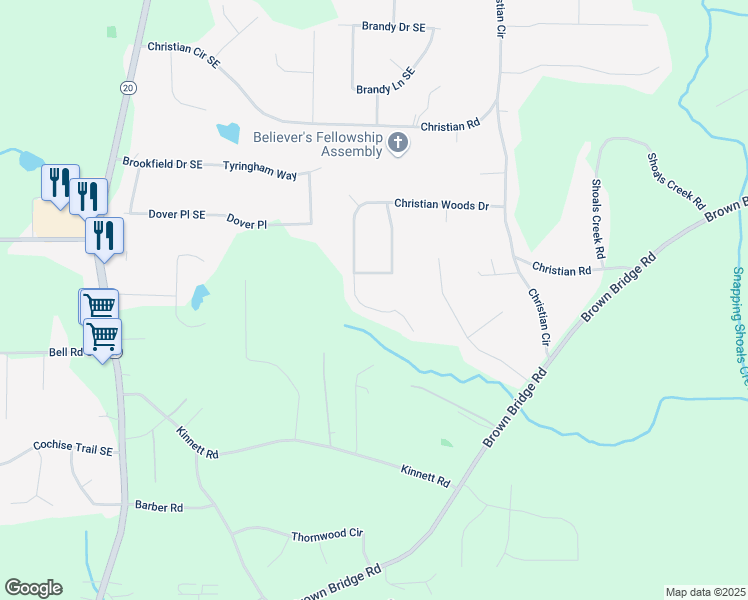 map of restaurants, bars, coffee shops, grocery stores, and more near 65 King James Court in Conyers
