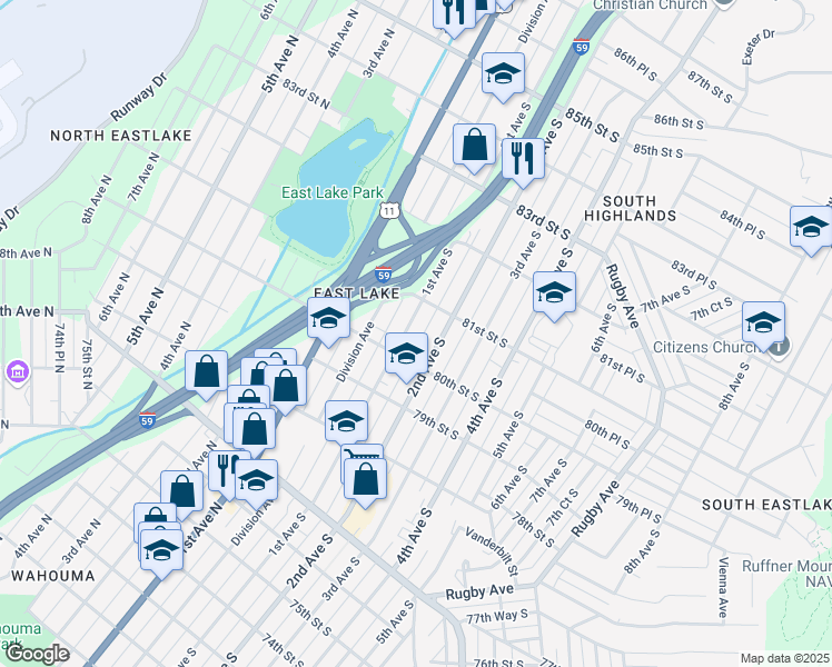 map of restaurants, bars, coffee shops, grocery stores, and more near 8025 1st Avenue North in Birmingham