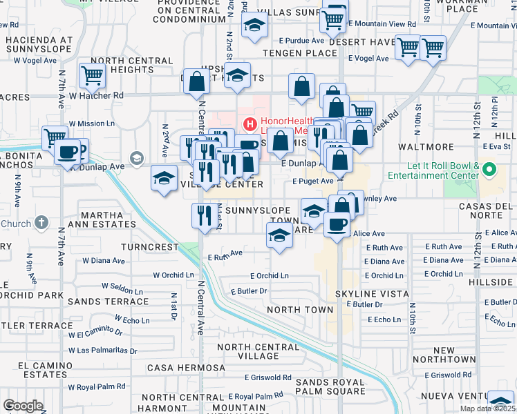 map of restaurants, bars, coffee shops, grocery stores, and more near 8842 North 2nd Way in Phoenix