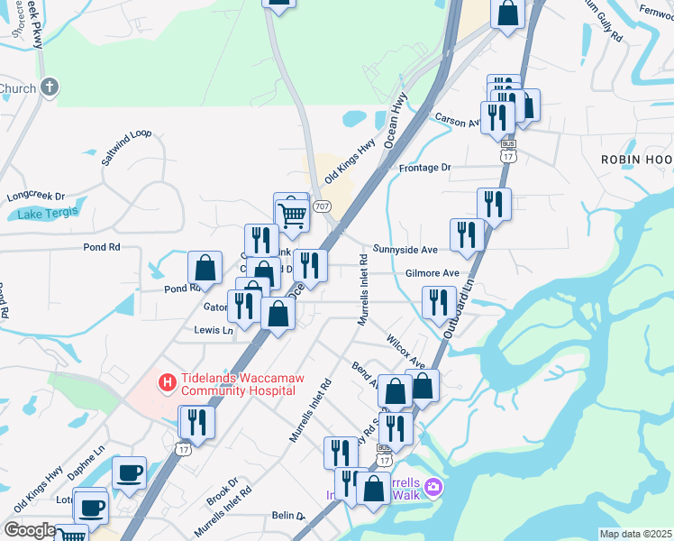 map of restaurants, bars, coffee shops, grocery stores, and more near 3754 Raspberry Place in Murrells Inlet