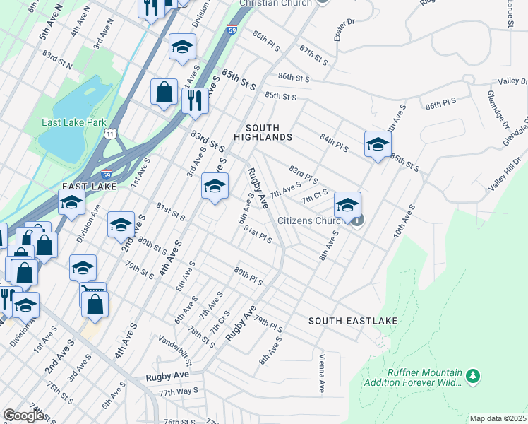 map of restaurants, bars, coffee shops, grocery stores, and more near 8176 Rugby Avenue in Birmingham