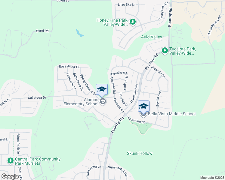 map of restaurants, bars, coffee shops, grocery stores, and more near 38295 Encanto Road in Murrieta