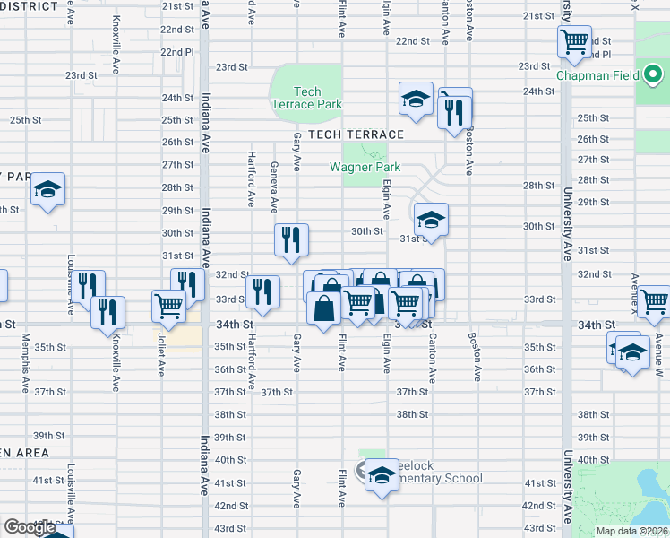 map of restaurants, bars, coffee shops, grocery stores, and more near 3102 32nd Street in Lubbock