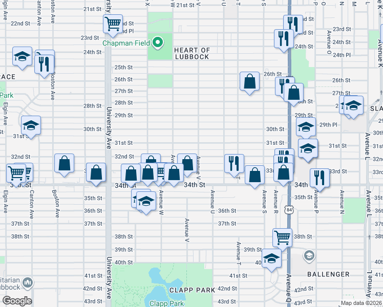 map of restaurants, bars, coffee shops, grocery stores, and more near 2206 32nd Street in Lubbock