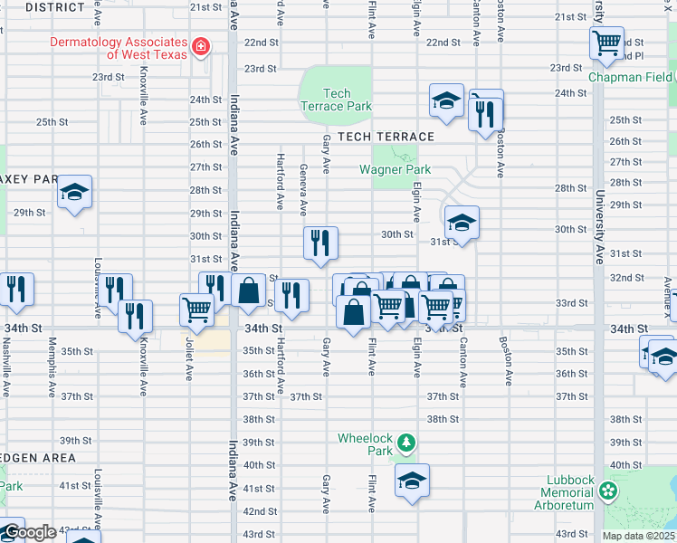 map of restaurants, bars, coffee shops, grocery stores, and more near 3116 32nd St in Lubbock