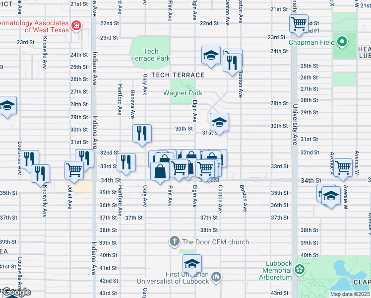 map of restaurants, bars, coffee shops, grocery stores, and more near 3008 32nd Street in Lubbock