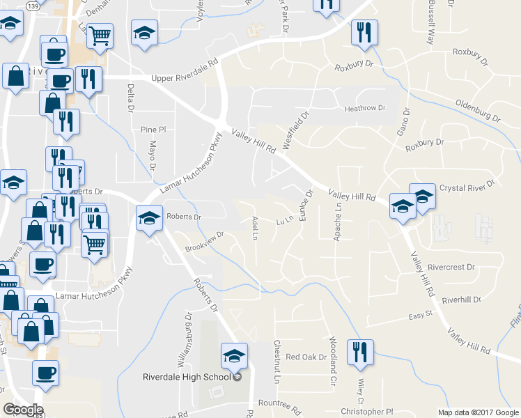 map of restaurants, bars, coffee shops, grocery stores, and more near 6926 Adel Lane in Riverdale