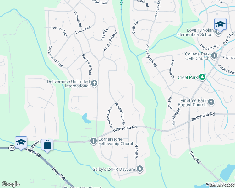 map of restaurants, bars, coffee shops, grocery stores, and more near 7139 Merrywood Drive in Fairburn