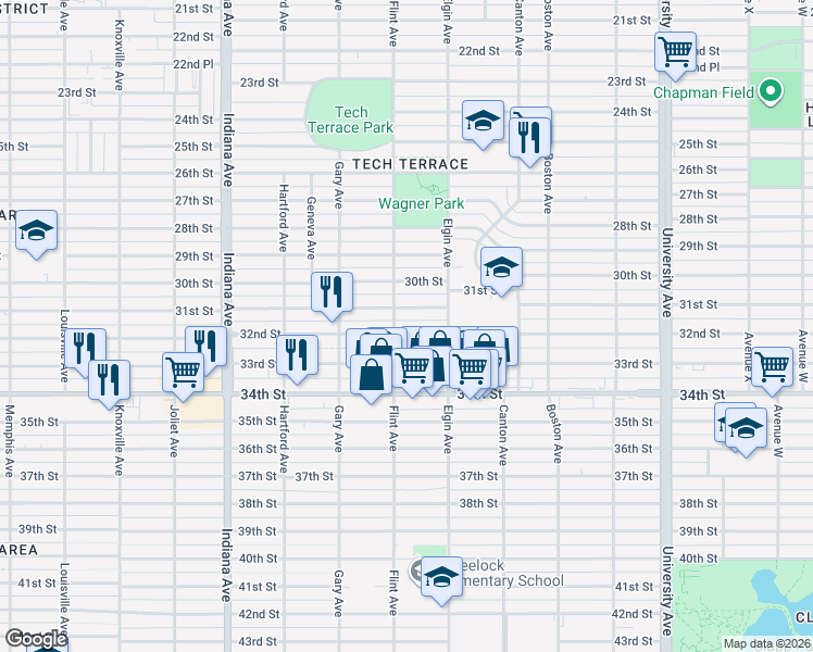 map of restaurants, bars, coffee shops, grocery stores, and more near 3102 32nd Street in Lubbock