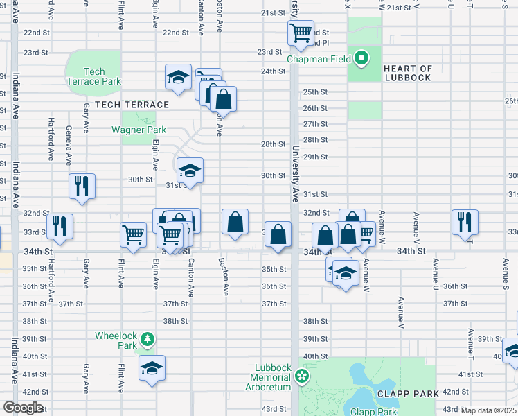 map of restaurants, bars, coffee shops, grocery stores, and more near 2602 32nd Street in Lubbock