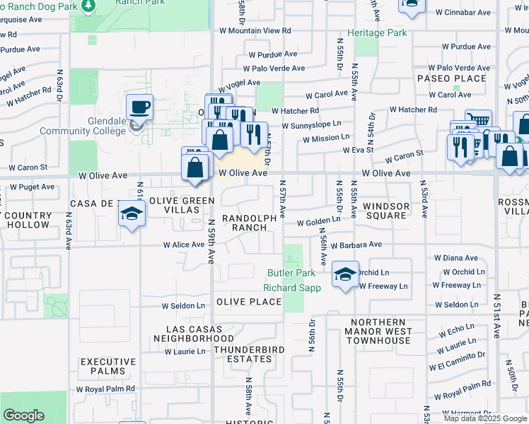 map of restaurants, bars, coffee shops, grocery stores, and more near 5778 West Golden Lane in Glendale