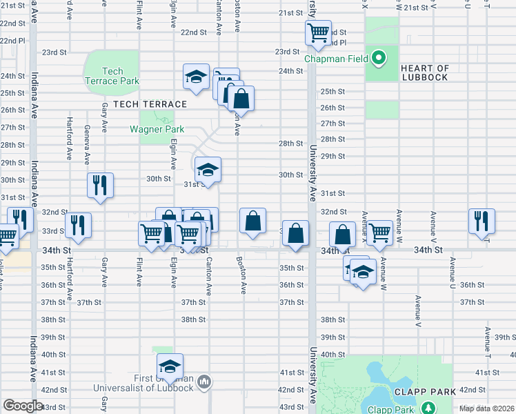 map of restaurants, bars, coffee shops, grocery stores, and more near 2614 32nd Street in Lubbock