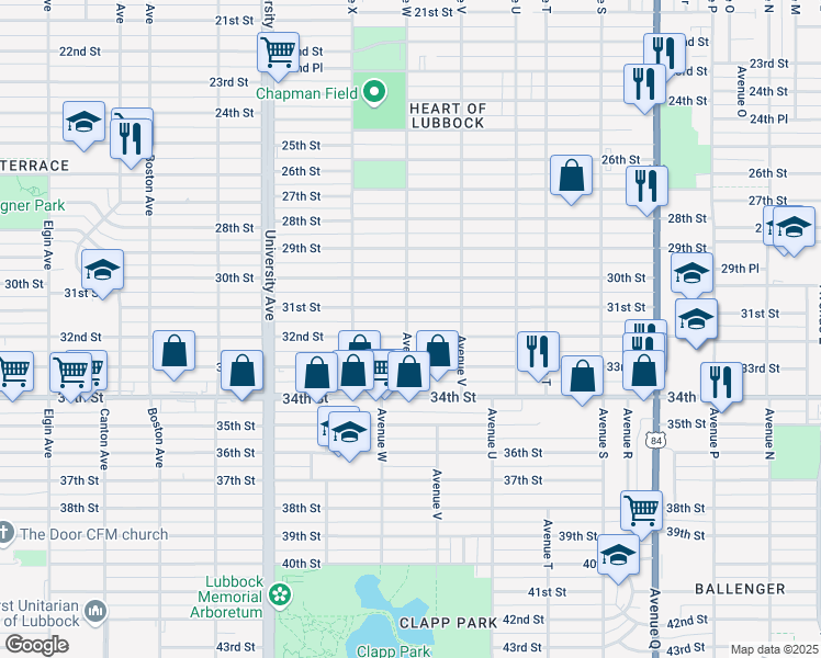 map of restaurants, bars, coffee shops, grocery stores, and more near 2220 32nd Street in Lubbock