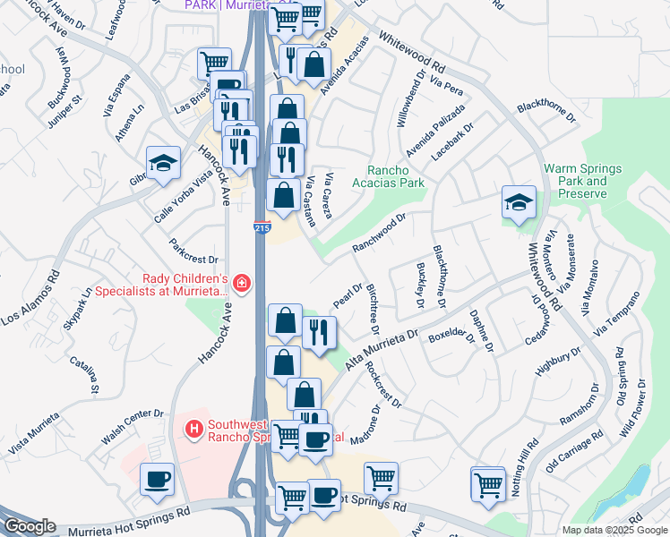 map of restaurants, bars, coffee shops, grocery stores, and more near 39900 Ranchwood Drive in Murrieta