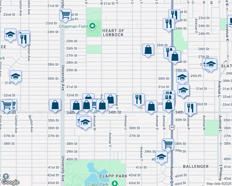 map of restaurants, bars, coffee shops, grocery stores, and more near 2202 32nd Street in Lubbock