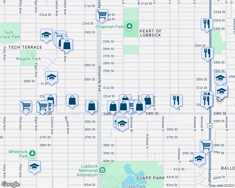 map of restaurants, bars, coffee shops, grocery stores, and more near 2408 32nd Street in Lubbock