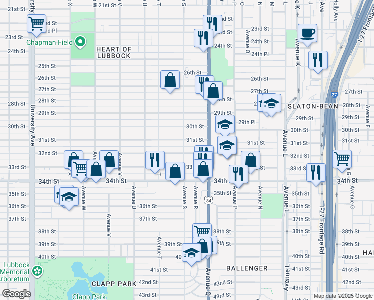 map of restaurants, bars, coffee shops, grocery stores, and more near 1722 32nd Street in Lubbock