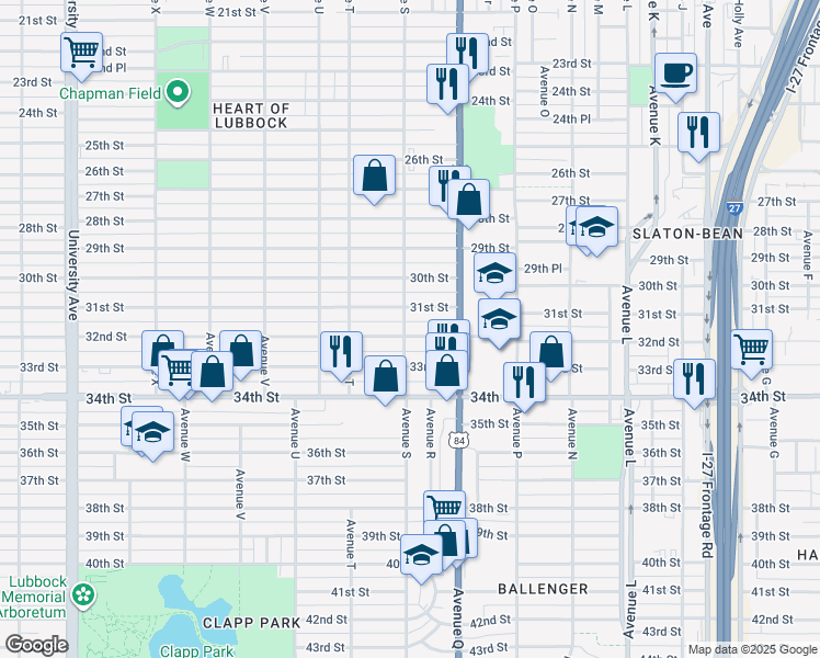 map of restaurants, bars, coffee shops, grocery stores, and more near 1722 32nd Street in Lubbock