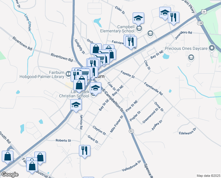 map of restaurants, bars, coffee shops, grocery stores, and more near 101 Cole Street in Fairburn
