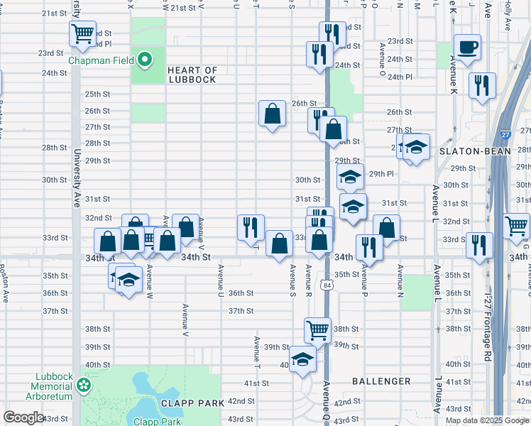 map of restaurants, bars, coffee shops, grocery stores, and more near 1920 32nd St in Lubbock
