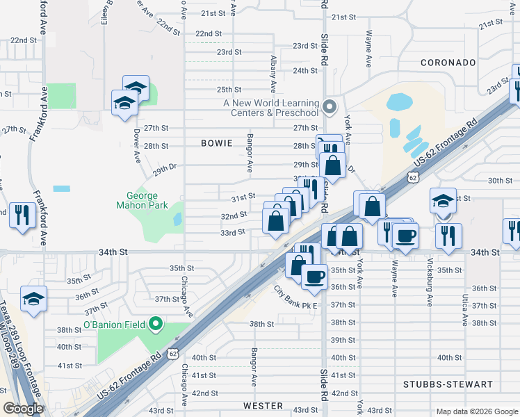 map of restaurants, bars, coffee shops, grocery stores, and more near 5320 32nd Street in Lubbock