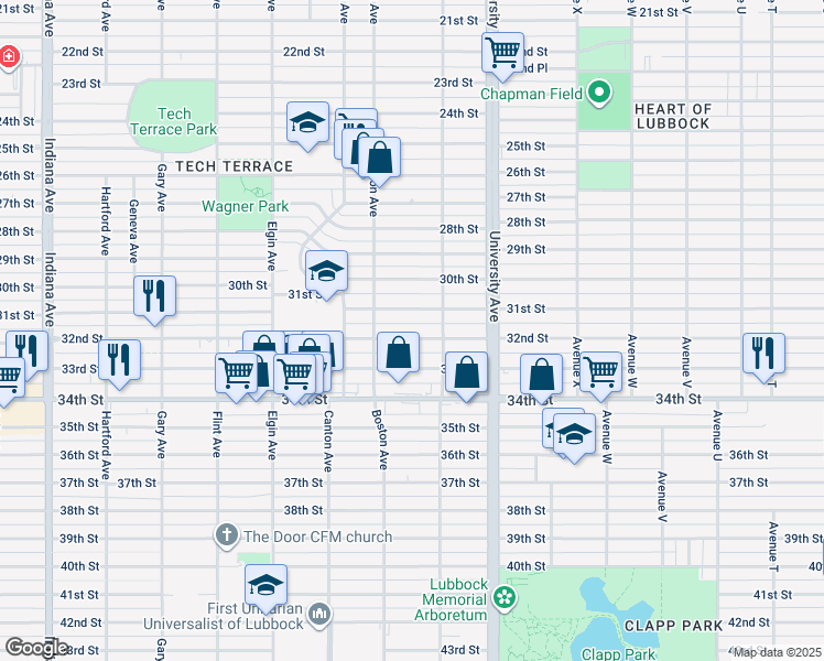 map of restaurants, bars, coffee shops, grocery stores, and more near 2612 32nd Street in Lubbock