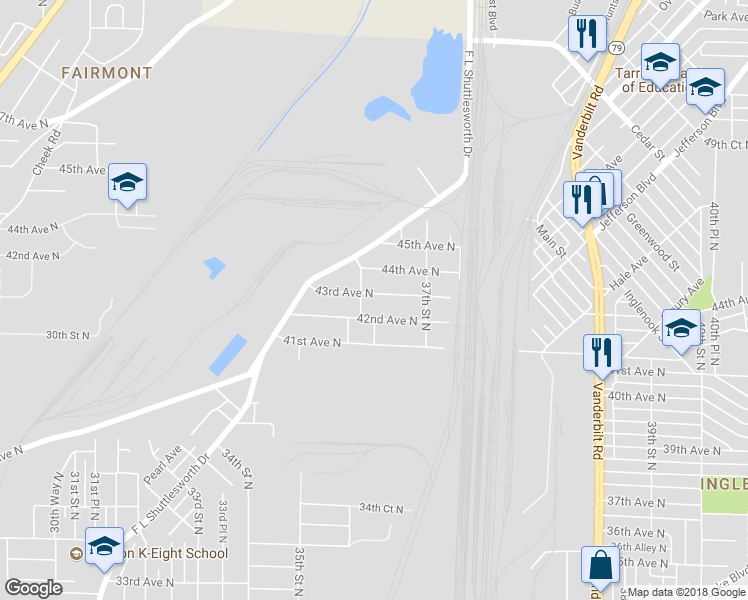 map of restaurants, bars, coffee shops, grocery stores, and more near 3613 43rd Avenue North in Birmingham