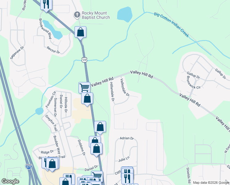 map of restaurants, bars, coffee shops, grocery stores, and more near 230 Hillandale Drive in Stockbridge