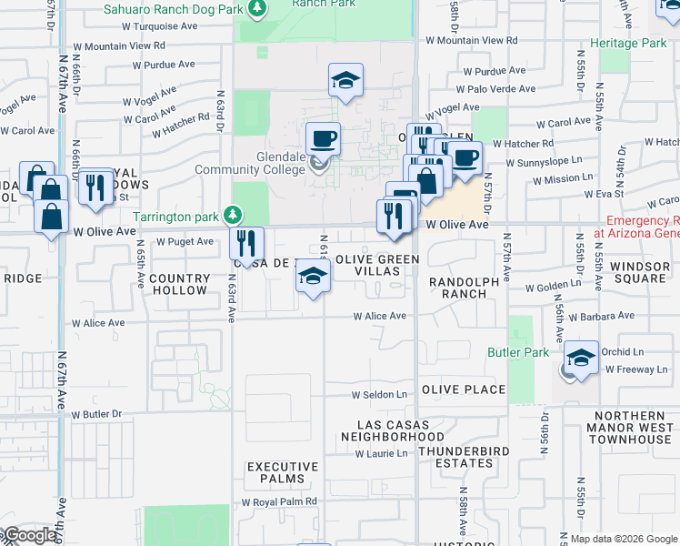 map of restaurants, bars, coffee shops, grocery stores, and more near 6056 West Golden Lane in Glendale