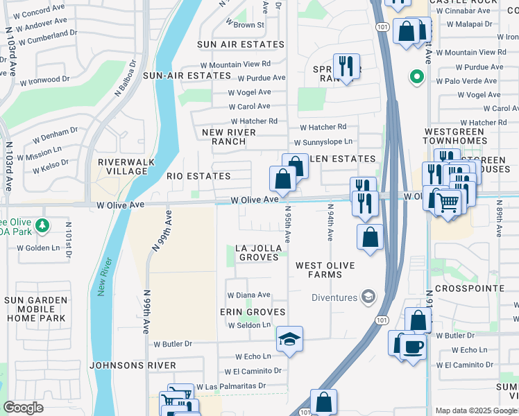map of restaurants, bars, coffee shops, grocery stores, and more near 9583 West Olive Avenue in Peoria