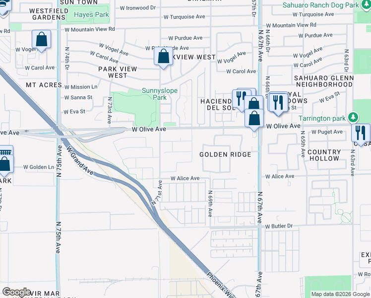 map of restaurants, bars, coffee shops, grocery stores, and more near 6922 West Townley Avenue in Peoria