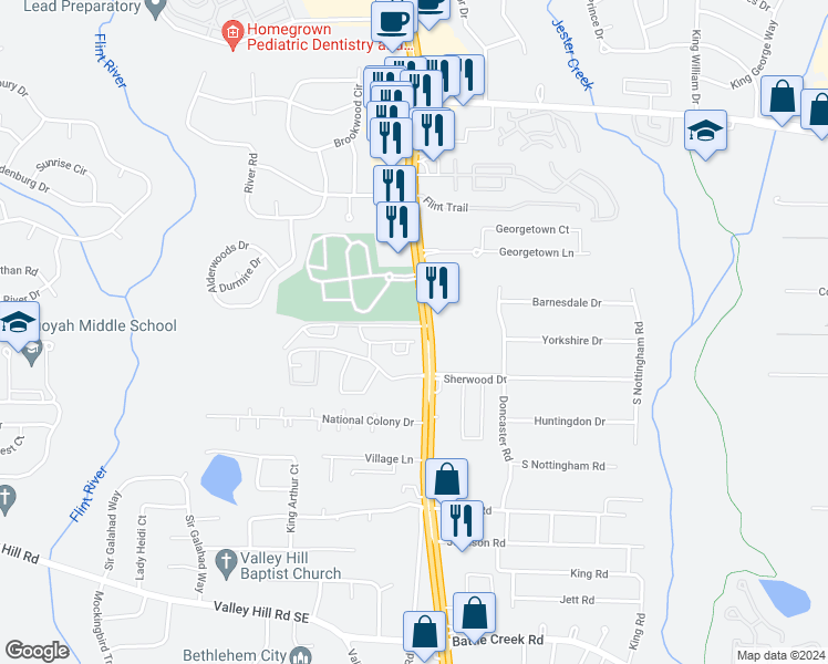 map of restaurants, bars, coffee shops, grocery stores, and more near 6909 Tara Blvd in Jonesboro