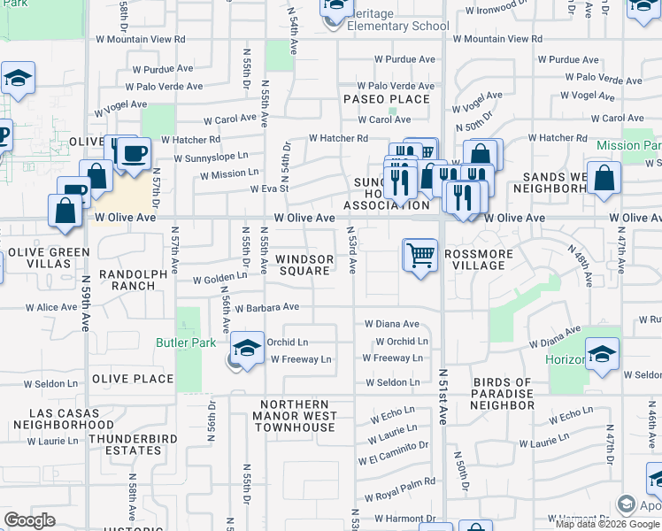 map of restaurants, bars, coffee shops, grocery stores, and more near 5314 West Golden Lane in Glendale