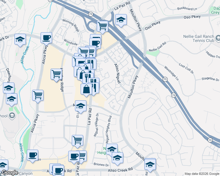 map of restaurants, bars, coffee shops, grocery stores, and more near 24352 Hilton Way in Laguna Niguel