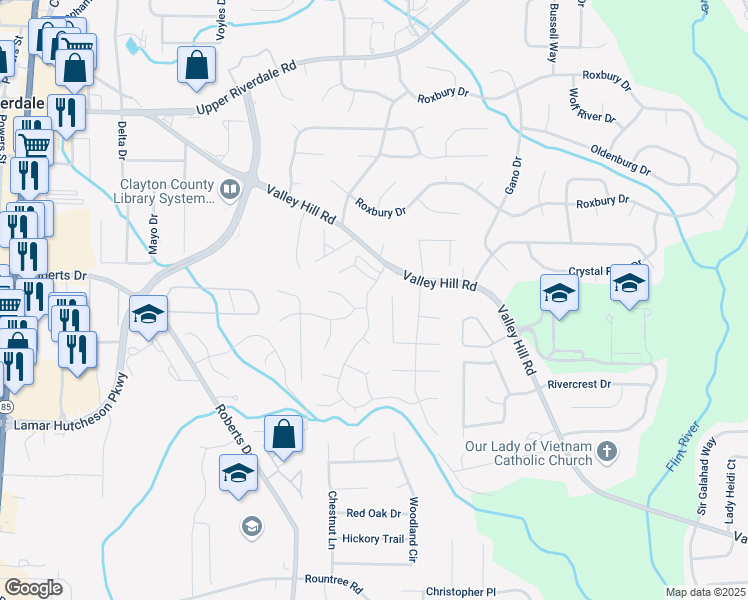 map of restaurants, bars, coffee shops, grocery stores, and more near 6924 Eunice Drive in Riverdale