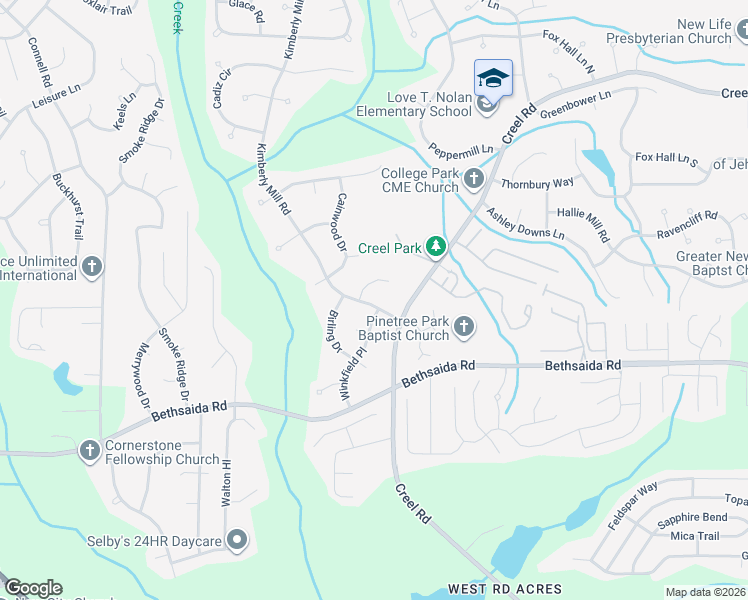 map of restaurants, bars, coffee shops, grocery stores, and more near 7030 Kimberly Mill Road in College Park