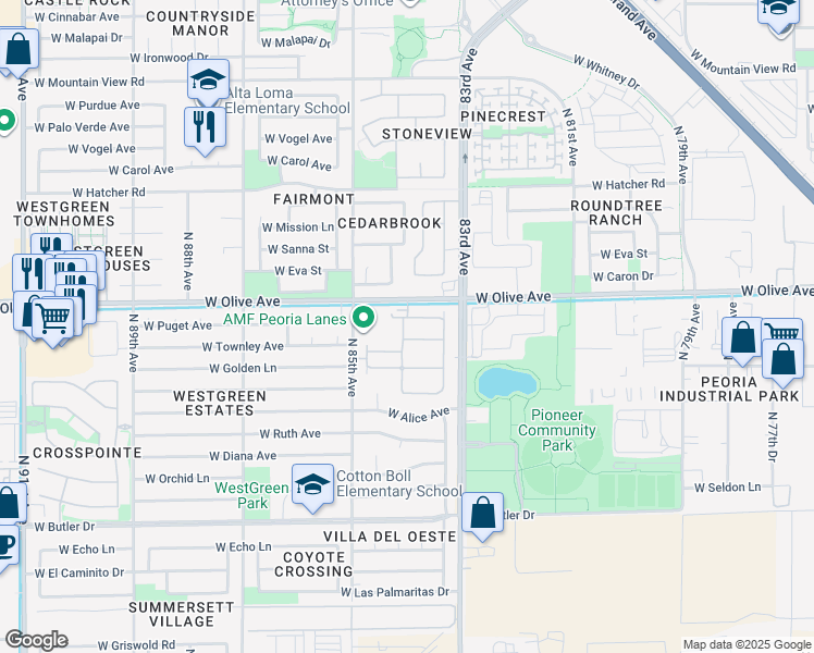 map of restaurants, bars, coffee shops, grocery stores, and more near 8475 West Olive Avenue in Peoria
