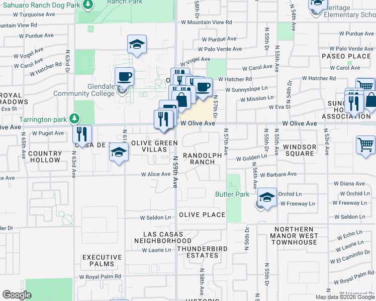 map of restaurants, bars, coffee shops, grocery stores, and more near 5809 West Townley Avenue in Glendale