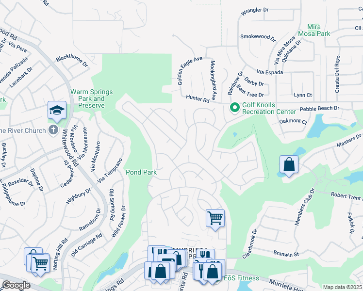 map of restaurants, bars, coffee shops, grocery stores, and more near 38294 Via Del Largo in Murrieta