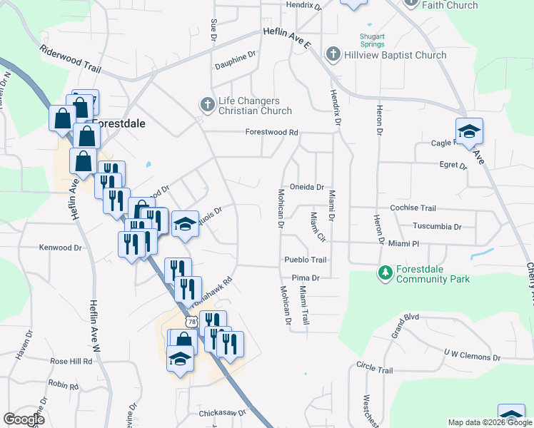 map of restaurants, bars, coffee shops, grocery stores, and more near 626 Broken Bow Cir in Birmingham