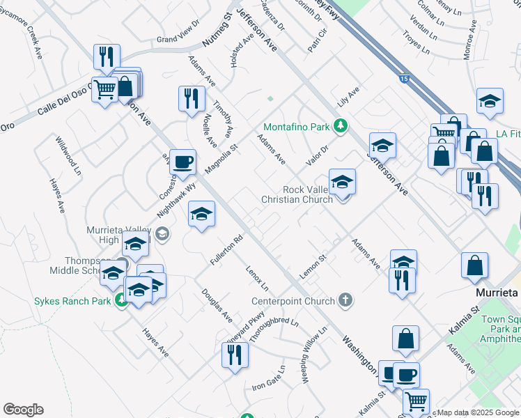 map of restaurants, bars, coffee shops, grocery stores, and more near 41973 Rondo Street in Murrieta