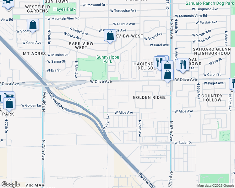 map of restaurants, bars, coffee shops, grocery stores, and more near 7012 West Townley Avenue in Peoria