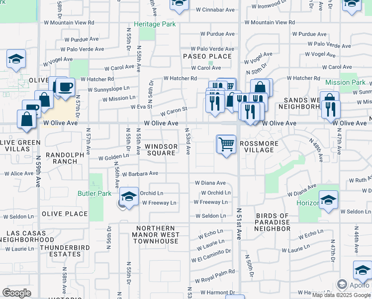 map of restaurants, bars, coffee shops, grocery stores, and more near 8816 North 53rd Avenue in Glendale