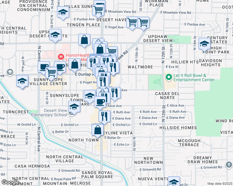 map of restaurants, bars, coffee shops, grocery stores, and more near 8841 North 8th Street in Phoenix
