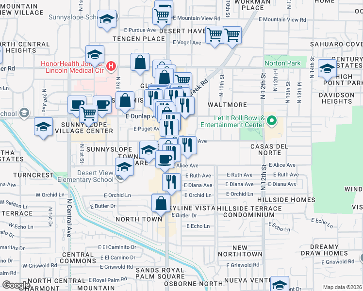map of restaurants, bars, coffee shops, grocery stores, and more near 8841 North 8th Street in Phoenix