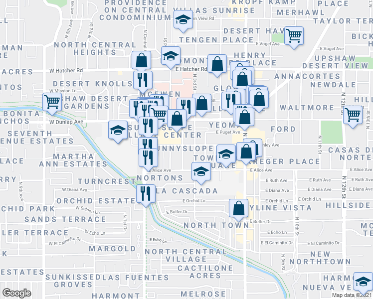 map of restaurants, bars, coffee shops, grocery stores, and more near 8842 North 2nd Way in Phoenix