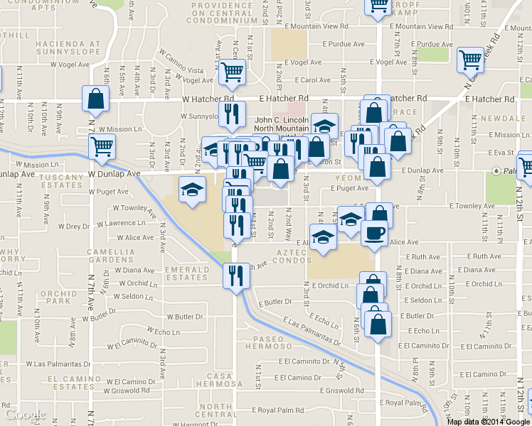 map of restaurants, bars, coffee shops, grocery stores, and more near 8837 North 1st Street in Phoenix