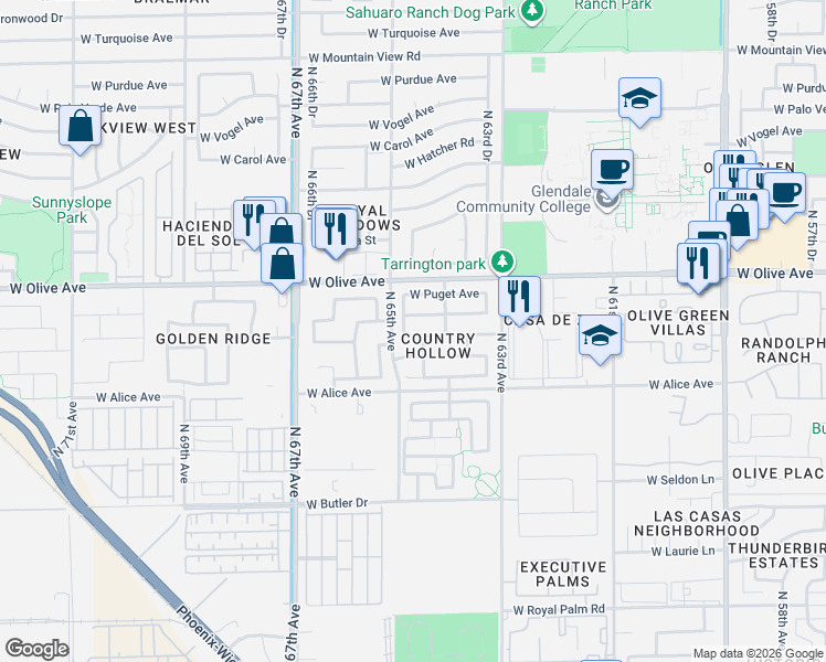 map of restaurants, bars, coffee shops, grocery stores, and more near 6456 West Golden Lane in Glendale