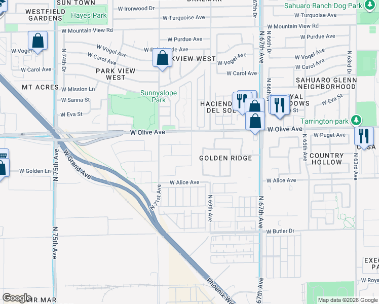 map of restaurants, bars, coffee shops, grocery stores, and more near 6922 West Townley Avenue in Peoria